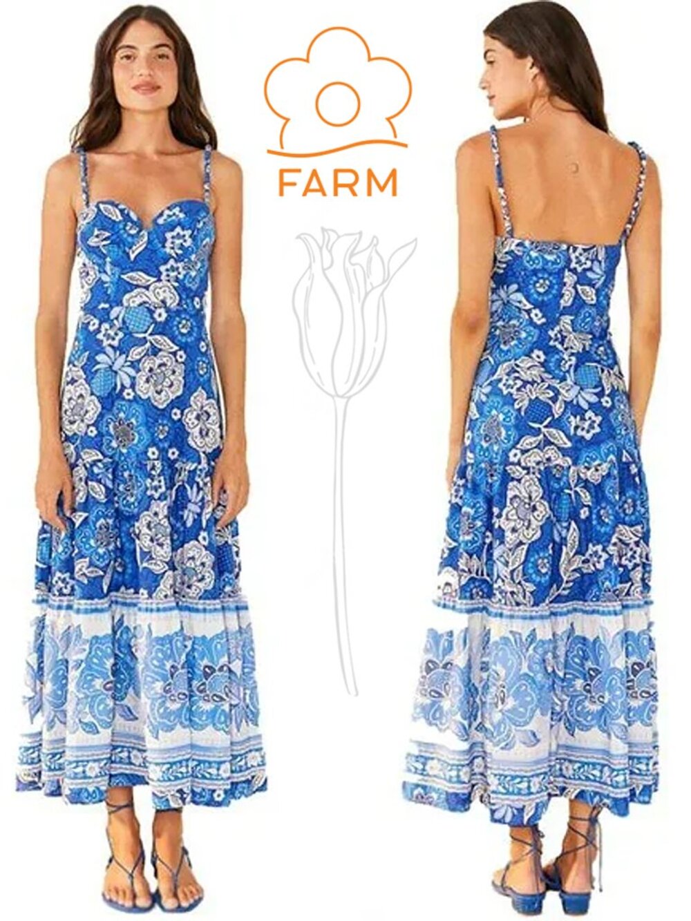 FARM Rio Blue Full Of Flowers Organic Cotton Midi Dress